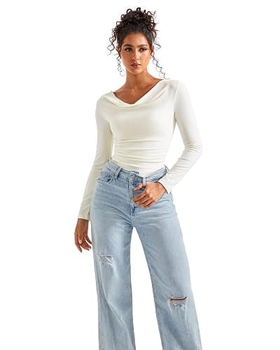 SUUKSESS Women Long Sleeve Off Shoulder Tops Trendy Cowl Neck Going Out Shirt for Fall thumbnail 3
