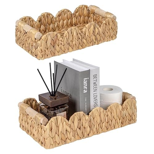 Kriitools Decorative Toilet Paper Storage Basket, Modern Farmhouse Home Decor Scalloped Basket for Organizing, Pantry Baskets for Shelves, Countertop, Living Room, w/Wood Handles, Natural, 2 Sizes - Image 1