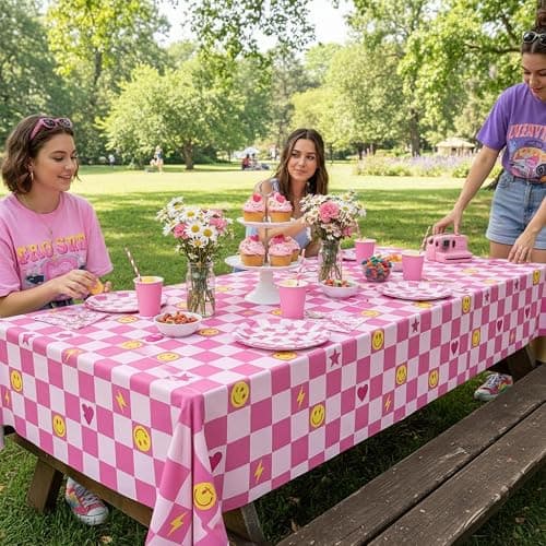 2Pcs Preppy Party Tablecloths Retro Smile Face Lightning Heart Star Table Cover Pink White Checkered Disposable Plastic Tableware for Y2K Groovy Birthday Baby Shower Party Table Decor Supplies thumbnail 7