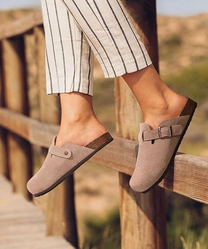 KIDMI Genuine Suede Clogs for Women Men Cork Footbed Mules Potato Shoes | Arch Support, Comfortable, Leather Slip On, Fall, Casual, Indoor Outdoor, Non-slip Rubber Sole, Adjustable Metal Buckle thumbnail 2