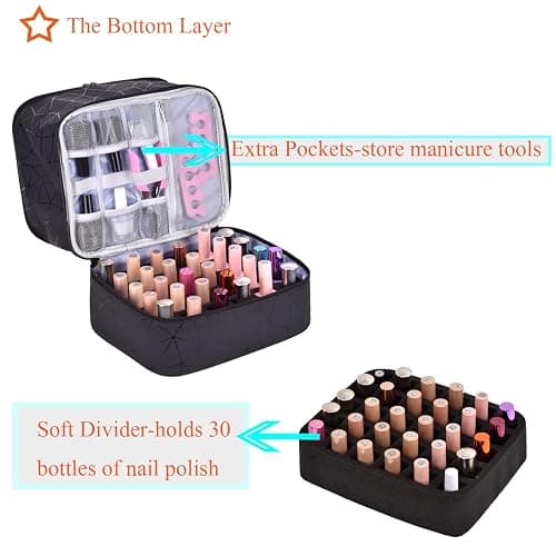 CTWWFS PU Leather Nail Polish Organizer and Nail Lamp Case, Nail Kit Organizer Holds 30+ Bottles (15ml - 0.5 fl.oz) and a Nail Lamp, Nail Polish Carrying Case with Manicure Tools Storage Sections thumbnail 6