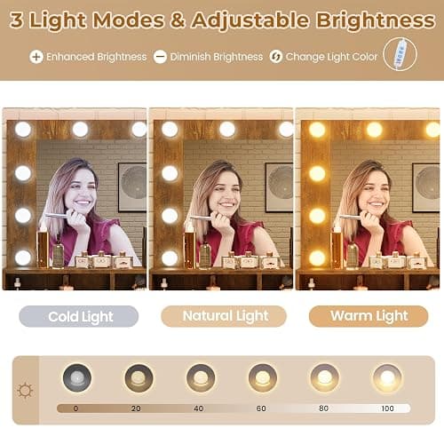 Tiptiper Vintage Makeup Vanity with Lights in 3 Colors, Vanity Table with Charging Station of 2 USB Ports and Outlets, Vanity Desk with Large Mirror, Drawers and Shelves, Rustic Brown and Black thumbnail 4