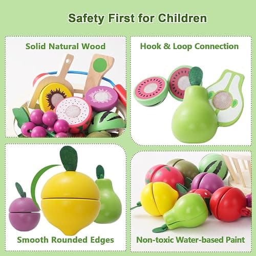 Smartwo Frutta da Tagliare in Legno Con Cesto - Accessori Cucina Giocattolo per Bambini, Verdura e Cibo Finto - Regalo Educativo per 3+ Anni thumbnail 5