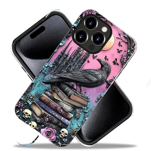 DAIZAG Case Compatible with iPhone 16 Pro,Glossy Durable Shock Protection Cover for Girl Women,Black Raven Bird Book Rose Skulls thumbnail 2