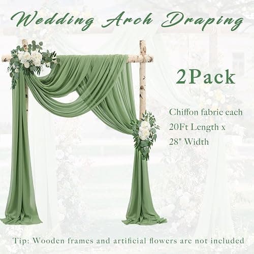 Wedding Arch Draping Fabric 2 Panels 20Ft Length x 28" Width Sage Green Arch Drapes Chiffon Fabric Sheer Curtains Backdrop for Party Bridal Decorations Wedding Ceremony Ceiling Stage Reception Decor thumbnail 6