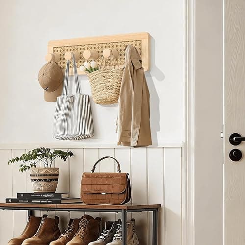 Homode Wooden Wall Hooks, Wall Mounted Coat Rack for Entryway, Boho Wood Pegs for Hanging Coats and Hats, Decorative Coat Hanger Purse Holder for Towel Key Jacket Bag Leash Cap thumbnail 6