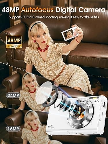 Digital Camera,Autofocus 4K Vlogging Camera for Photography with 32GB Card,48MP Portable Compact Point and Shoot Digital Camera for Teens Adult Beginner with 16X Zoom,Anti-Shake,2 Batteries(White) thumbnail 2