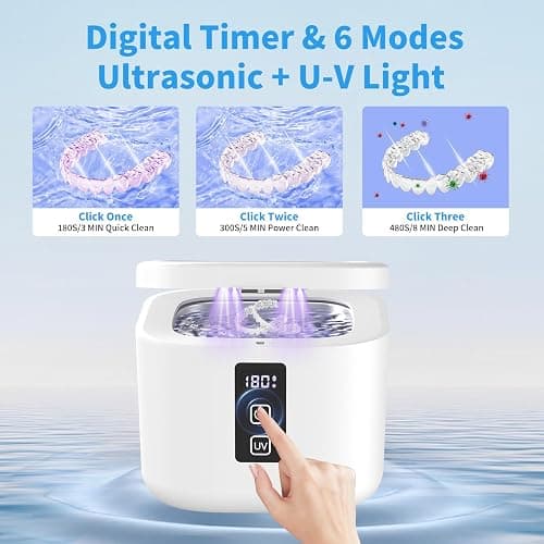 Ultrasonic Retainer Cleaner Machine, 48KHz Dental Cleaning Pod for Denture, Mouth Guard, Aligner, Night Guard, Braces, Toothbrush Heads, Jewelry with Digital Timer & 6 Modes, 13oz Capacity, White thumbnail 6