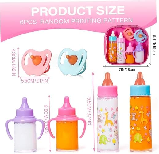fash n kolor® My Sweet Baby Disappearing Doll Feeding Set, Baby Care 6 Piece Doll Feeding Set - for Toy Stroller | 2 Milk & Juice Bottles with 2 Toy Pacifier for Baby Dolls - Kids Gift Set thumbnail 3
