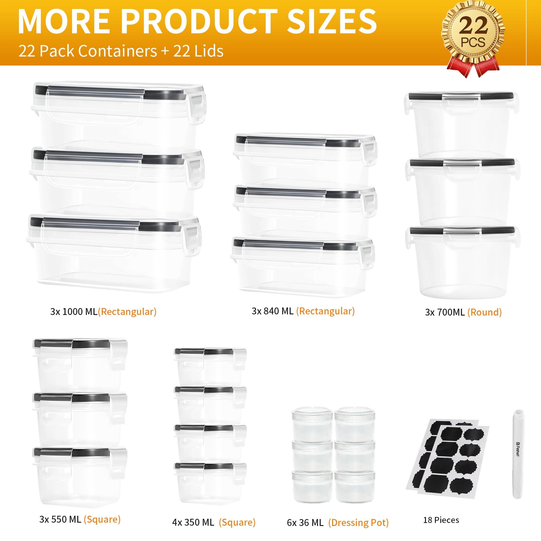 Feshory 22 Pack Airtight Food Storage Container Set, Fridge Organiser Ideal for Kitchen Organisation - Meal Prep Containers & Lunch Box with Leak Proof Lids thumbnail 6