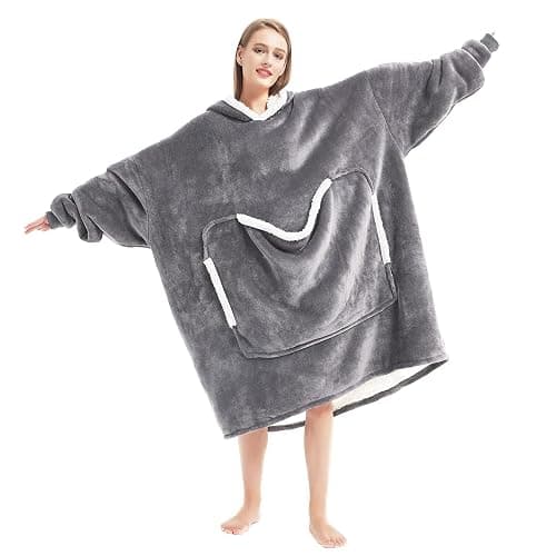 Cozystar Wearable Blanket Hoodie with Giant Pocket （Pet Won't Leave） Extra Soft Sherpa Fleece Thick Warm ＆ Cozy Oversized Sweatshirt Blanket Jacket with Sleeves-Grey thumbnail 3