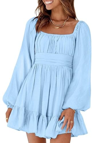 Dokotoo Womens Dress Long Lantern Sleeve Square Neck Tie Backless Sexy Dress Ruffle Elastic Waist A-Line Mini Dress - Image 1