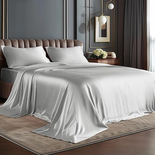 BEDELITE Satin Sheets Queen Size Bed Set, Luxury Soft Grey Silky Sheets for Hair and Skin, Similar to Silk Bed Sheets Set 4 Pieces with 1 Deep Pocket Fitted Sheet, 1 Flat Sheet, and 2 Pillowcases - Image 1