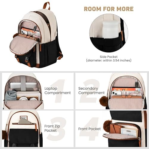WINDARS School Backpack for Teen Girls, Cute College Backpacks for Women Students Aesthetic Bookbag Large 15.6 Inch Laptop Bag Middle School Travel Back Pack (Beige-Black-Brown) thumbnail 3