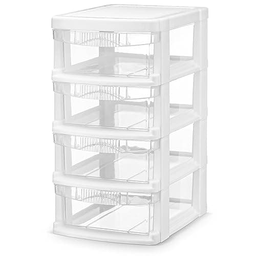 Mini Plastic Stacking Desk Top 4-Drawer Storage Organizer, for Makep Vanity Nail Polish Bathroom Stationery Art Craft Supplies Kitchen Office Garage and Small Organization, Small, White