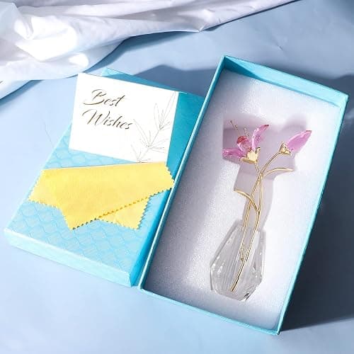 YWHL Crystal Lily Flower Figurine with Vase, Handmade Pink Glass Lily Flower Gifts for Woman, Wedding Gifts for Couple, Home Party Decorations (Pink) thumbnail 9