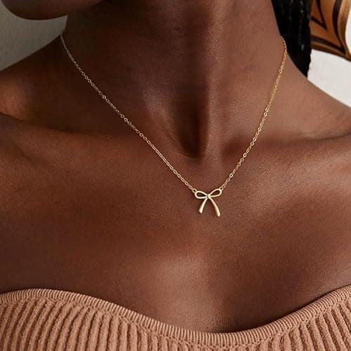 Thaivor Christmas Gifts Stocking Stuffers for Women Dainty Bow Necklace 14K Gold Plated Cute Choker Small Pendant Charm Necklaces Teen Gift Trendy Stuff Personalized Jewelry thumbnail 3