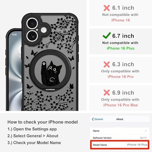 Heaofei Cute Case for iPhone 16 Plus Case with Stand [ Compatible with MagSafe ] Kawaii Black Cat & Floral & Butterflies Pattern Design 360 Magnetic Ring Kickstand Phone Cover for Women Girls Boys thumbnail 2