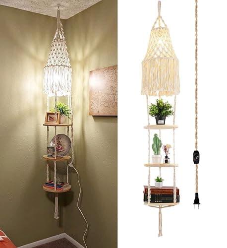QIYIZM Boho Plug in Pendant Light Hanging Light with Plug in Cord,Dimmable Switch Hanging Lamp Macrame Lamp Shade and Plant Holder Shelf Indoor for Bohemian Decor Bedroom Corner Living Room - Image 1