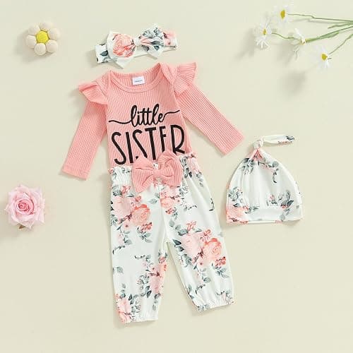 mlpeerw Newborn Baby Girl Clothes Outfits New To The Crew Bodysuit Romper Floral Pants Headband Hat Coming Home Outfit thumbnail 2