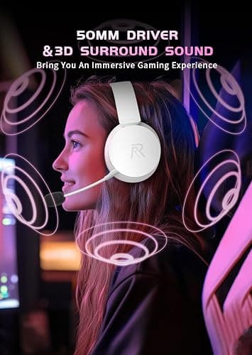 RYR Wireless Gaming Headset for Xbox Series X|S, Xbox One, PS5, PS4, Mac, Bluetooth 5.3, 3D Surround Sound, Rotatable Earmuffs, Gaming Headphones with Noise Canceling Microphones-Pinkwhite thumbnail 8