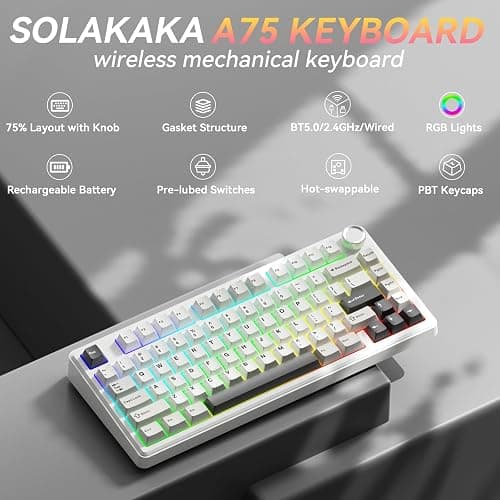 SOLAKAKA A75 75% Wireless Mechanical Keyboard, Hot Swappable Gaming Keyboard with Multifunction Knob & RGB, Gasket Mounted Creamy Keyboard, PBT Keycaps, Compact Layout for Win/Mac/PC thumbnail 2