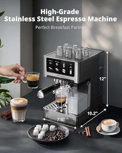 AIRMSEN 20 Bar Espresso Machine with Automatic Milk Frother, Cappuccino & Latte Coffee Maker with Quick Brew Dual Boiler (1350W + 1000W), Stainless Steel, 60oz Water Tank, Touchscreen thumbnail 2