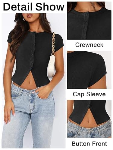Pungdra Women's Button Down Shirt Cap Sleeve Tops for Women Button Up Ribbed Knit Slim Fit Casual Y2K Crop Going Out Top thumbnail 4