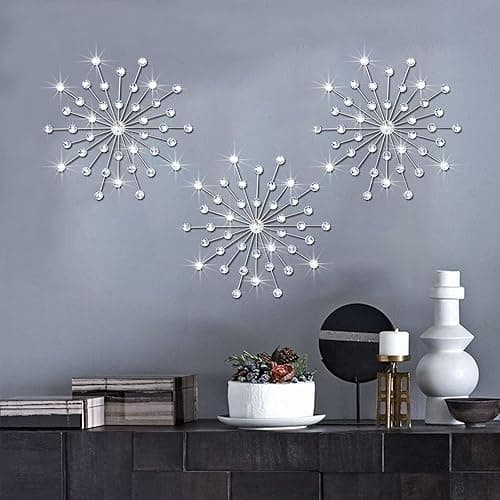 ZEXUIRU 3 Set Silver Metal Jeweled Wall Art Bling Crystal Home Décor Sun Burst Rhinestone Wall Hanging Diamond Accents - Silver Set - 13.5 inch