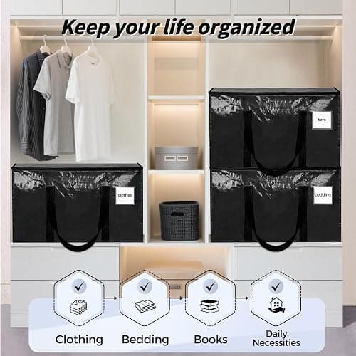 ukeetap 8 Pack Extra Large Clothes Storage Bins with Lids,Black | Storage Bags with Reinforced Handles & Heavy-Duty Zippers, Moving Bags Boxes Totes for Clothes Packing, Dorms, College thumbnail 7