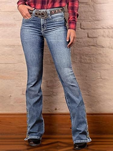 Flamingals Women's Buttoned Hem Bootcut Jeans Without Belt Mid Waist Casual Pants Navy Blue thumbnail 2