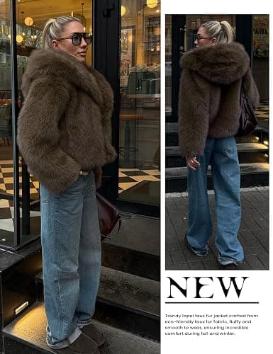 Wyeysyt Women's Faux Fur Coat with Hood Open Front Cropped Fluffy Jacket thumbnail 6