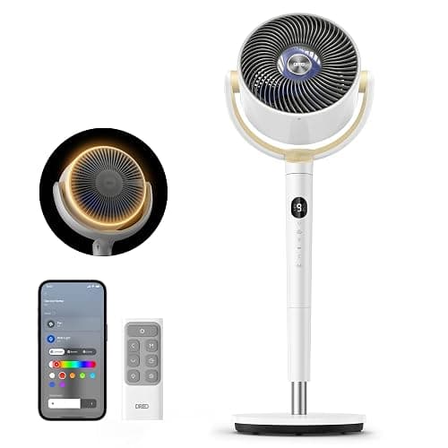 Dreo Smart Fan for Bedroom, 120° +120° Omni-Directional Oscillating Fans, 90ft Quiet Pedestal Fan with RGB Light, 9 Speeds, 6 Modes, 20dB, 8H Timer, Wi-Fi/Voice/Alexa, 37-42" Floor Fans with Remote - White - Image 1