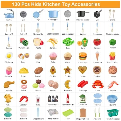 130Pcs Kitchen Playset, Toddler Pretend Cooking Play Pots, Pans, Utensils Cookware, Daily Food Fruit Veges, Shopping Storage Basket, Dessert, Prop Money, Learning Gift for Child (Blue) thumbnail 4