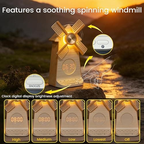 Sunrise Alarm Clock with Rotating Windmill, Easy Snooze Wake Up Light, 10 Natural Sounds & 10 White Noises, 4-Level Dimmer Bedside Night Light with 30/60/90 Min Timers, Sleep Aid Gift for Adults/Kids thumbnail 4