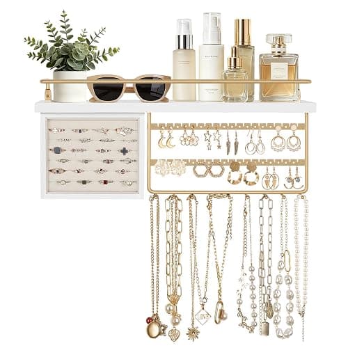 Mkono Hanging Jewelry Organizer Wall Mounted Jewelry Organizer Necklace Holder with Rustic Wood Shelf, Ring Display Box, Ear Studs Earring Holder Bracelet Organizer (Gold) - Image 1