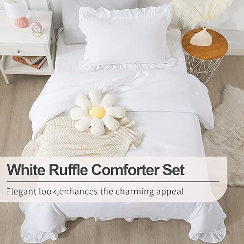 Andency White Comforter Twin Size, 2 Pieces Solid Farmhouse Shabby Chic Ruffle Bedding Comforters & Sets, All Season Soft Lightweight Fluffy Bed Set for Kids Girls Teens - White - Twin thumbnail 3