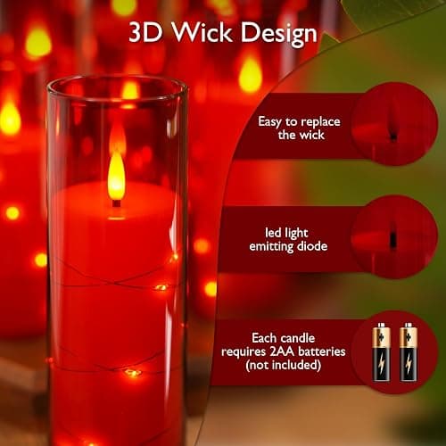 Raycare Valentines Day Flameless Candles with Embedded Star String, 5 Pcs Battery Operated Acrylic Pillar Candles with Timer and Remote, LED Candles for Romantic Ambiance and Home Decoration(Red) - Red thumbnail 6