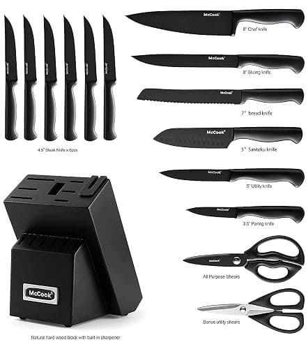 McCook® Knife Sets,German Stainless Steel Knife Block Sets with Built-in Sharpener, Black - BlackBlack - 15 thumbnail 3