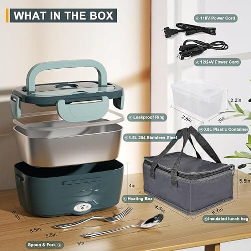 Monteka Electric Lunch Box Food Heater - Leakproof Portable Food Warmer heated lunch box for adults for Car/Home/Truck with 1.5L Removable Stainless Steel Container, White Elephant Gift, 12V/24V/110V thumbnail 2