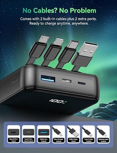 YBYP Portable Charger Power Bank 50000mAh, 22.5W Fast Charging Portable Charger with Built-in Cables, Travel Camping 4 Outputs External Battery Pack, LED Display for iPhone, Android, iPad, Black thumbnail 7
