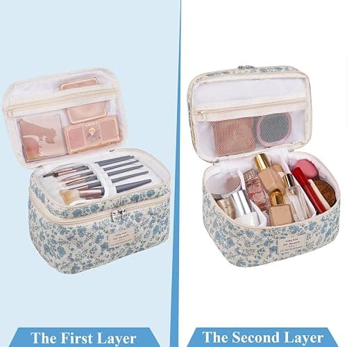 Makeup bag, Large Cosmetic Bag for Women Girls, Cute Quilted Makeup Bags, Floral Coquette Aesthetic Toiletry Bag, Travel Make Up Organizer Bag (Blue Flowers) thumbnail 4