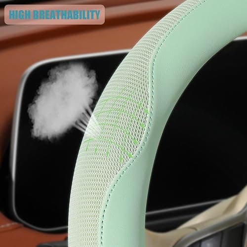 Binsheo Nappa Leather Green Steering Wheel Cover, Advanced Microfiber Leather Non-Slip Breathable Fabric, Warm in Winter and Cool in Summer, Universal 15 inch thumbnail 3