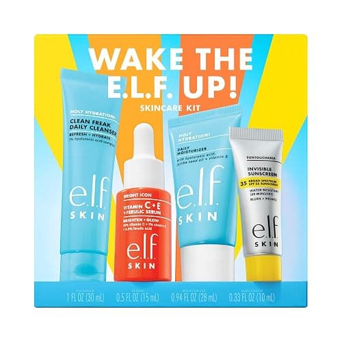 e.l.f. SKIN Wake the e.l.f. Up Skincare Kit, Travel-Size Hydrating Face Cleanser, Sunscreen, Moisturizer & Brightening Serum, Vegan & Cruelty-Free - Image 1
