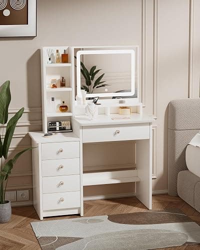 Vanity Desk, Makeup Table with Mirror and Lights, 90cm White Dressing Table, Five Drawers thumbnail 2
