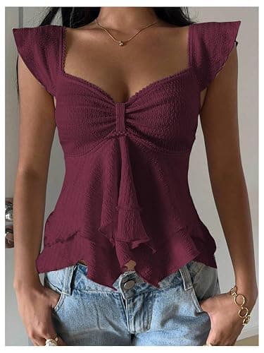 RoseSeek Women's Flowy Going Out Tank Top Sweetheart Neck Cap Sleeve Summer Ruffle Elegant Crop Tops thumbnail 4