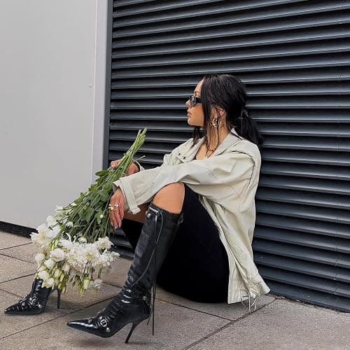 Oiamenne Knee High Boots for Women Fashion Slide Zipper Pointed Toe Stiletto Studded High Heel Rivets Tassel Boots Party Dress Shoes thumbnail 3