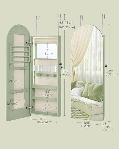 SONGMICS Wide Jewelry Organizer, LED Jewelry Cabinet Wall/Door Mounted, Arched Mirror with Storage, Lockable, Rounded Corner, Interior Mirror, 3.9 x 16.5 x 42.5 Inches, Laurel Green UJJC020C01S thumbnail 3
