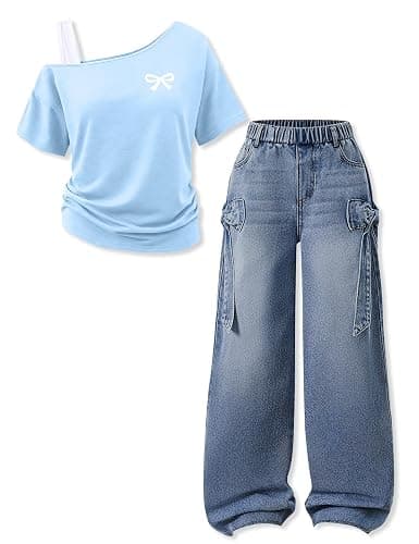 Kxuryueo Teen Girl Clothes One Shoulder Top and Wide Leg Stretch Jeans 2 Piece Casual Outfits Size 7-16 - Image 1