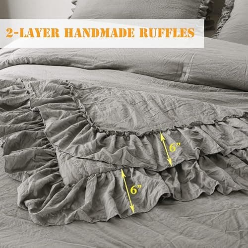 Masaca Grey Shabby Comforter Set Queen,Farmhouse Rustic Microfiber Bedding Ruffled Comforter Set,Vintage Gray Ruffle Comforter for Queen Bed Fluffy Aesthetic Bedding 3 Pieces thumbnail 3